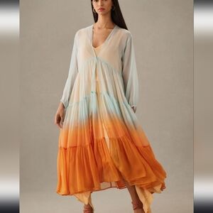 Anthropologie Sheer Tiered Ombre Duster Orange & Light Blue NIP$200